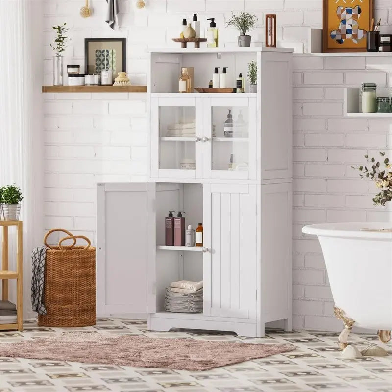 Bathroom Storage Cabinet with Glass Doors and Adjustable Shelves