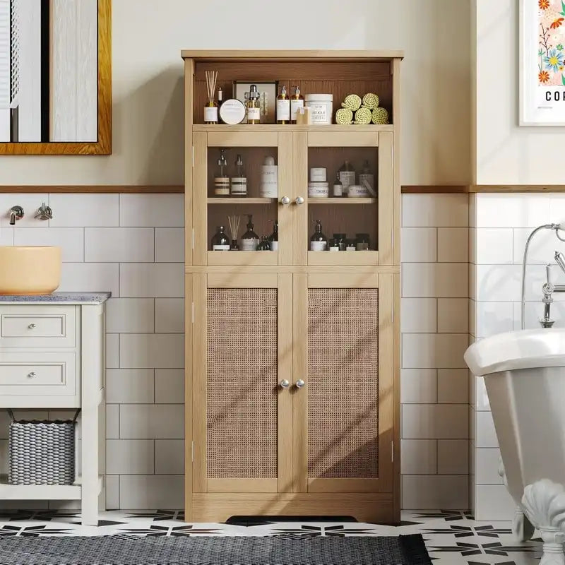 Bathroom Storage Cabinet with Glass Doors and Adjustable Shelves