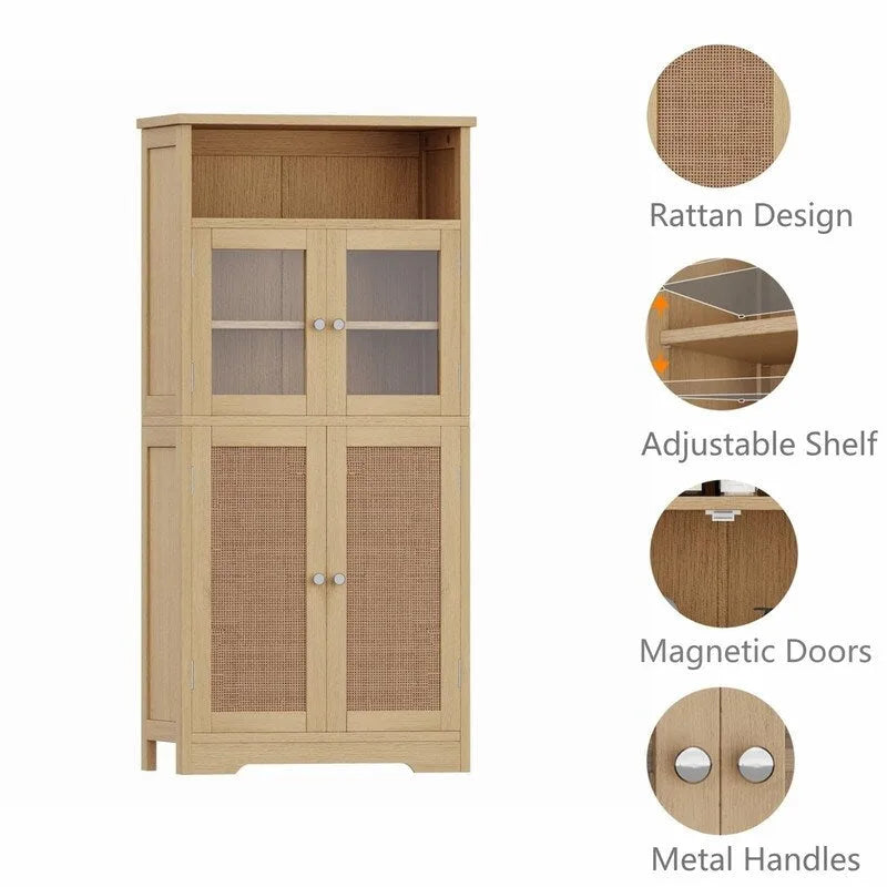 Bathroom Storage Cabinet with Glass Doors and Adjustable Shelves