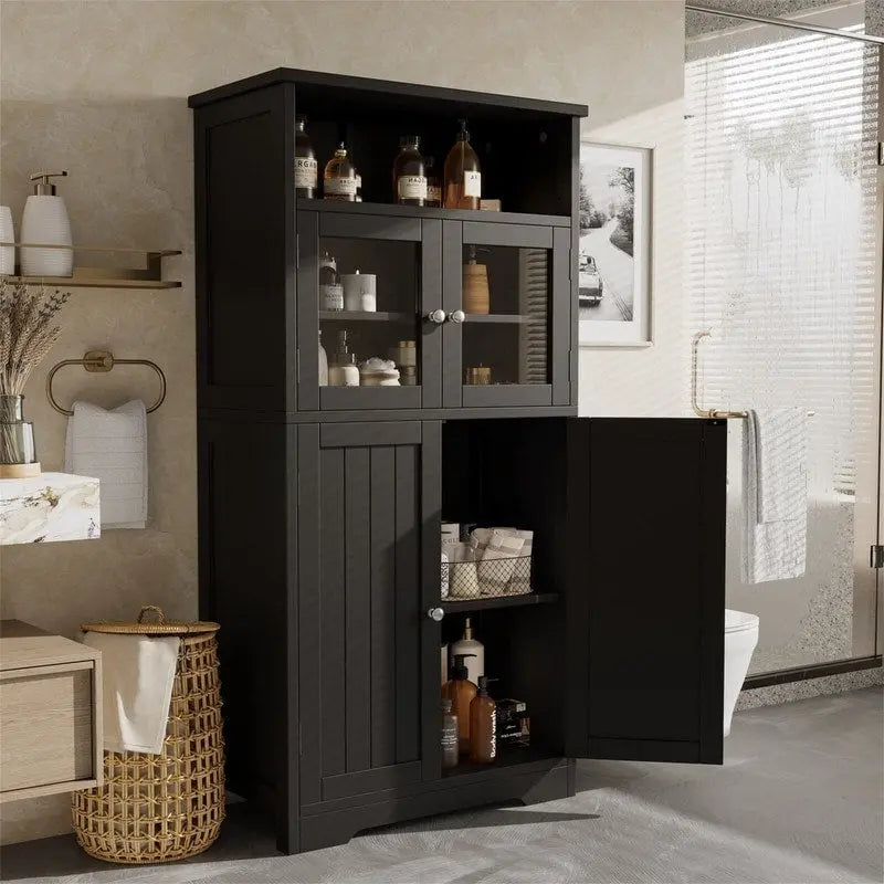 Bathroom Storage Cabinet with Glass Doors and Adjustable Shelves