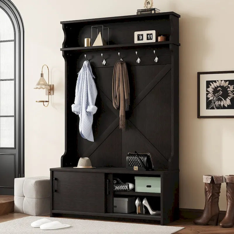 Entryway Hall Tree with Storage Bench, Sliding Doors and 5 Hooks