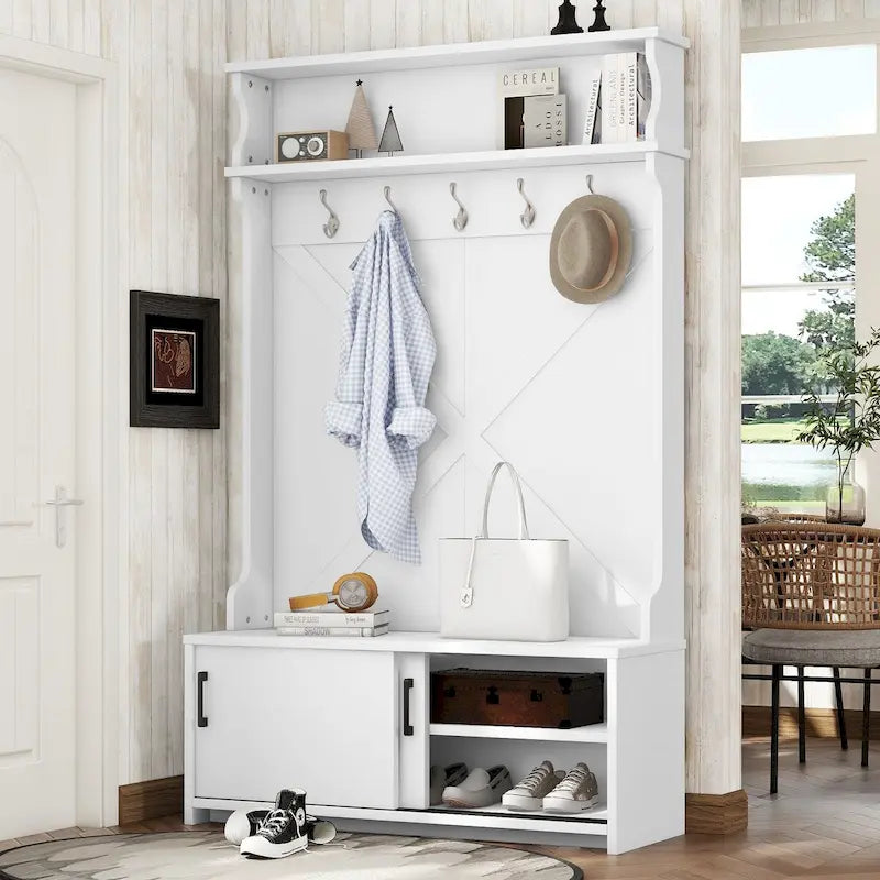 Entryway Hall Tree with Storage Bench, Sliding Doors and 5 Hooks
