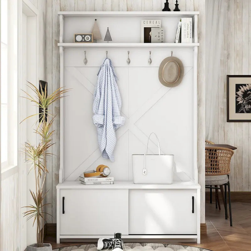 Entryway Hall Tree with Storage Bench, Sliding Doors and 5 Hooks