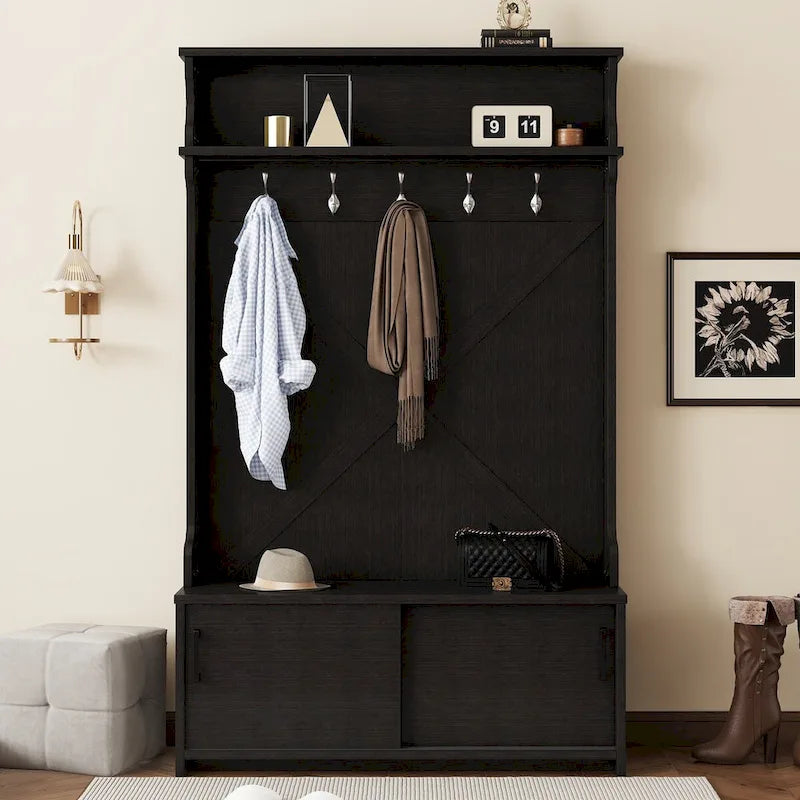 Entryway Hall Tree with Storage Bench, Sliding Doors and 5 Hooks